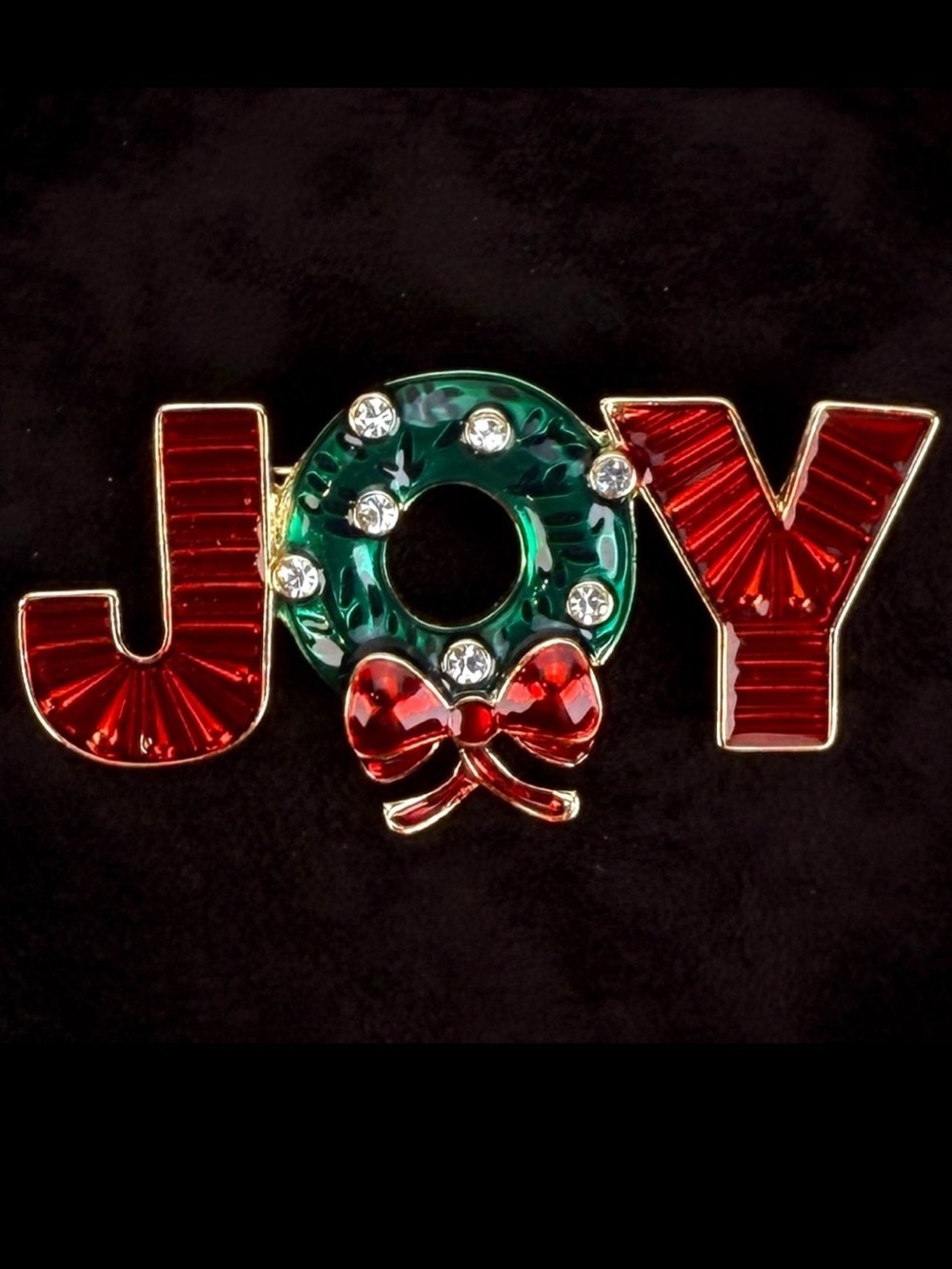 Vintage Goldtone Red Green Festive Holiday Christmas JOY Brooch with Rhinestones